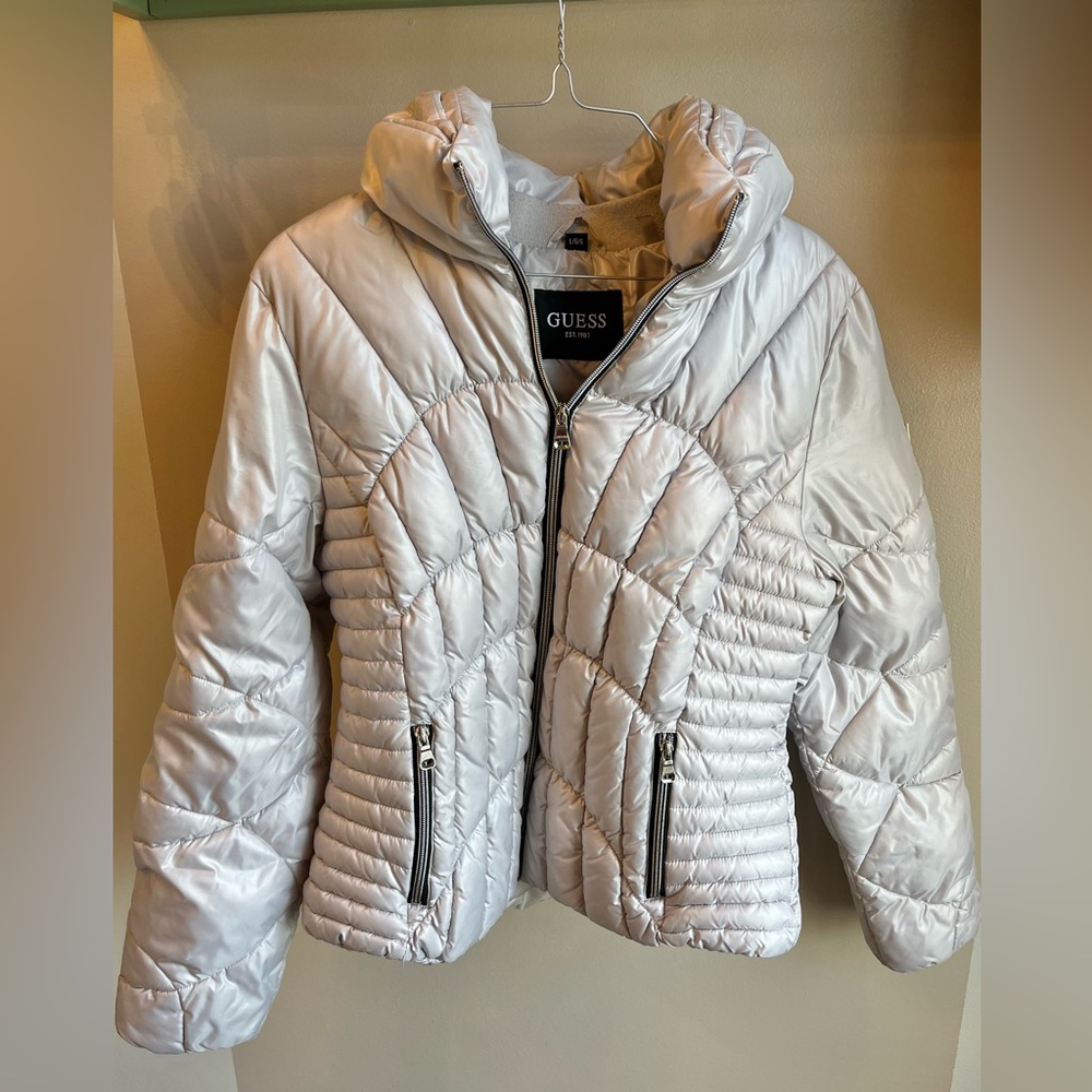 Guess Womens Silver Grey Mock Neck Quilted Puffer Coat Jacket Size Large